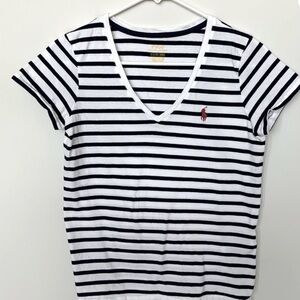 Classic Polo Ralph Lauren Navy and White Striped V-Neck T-Shirt
